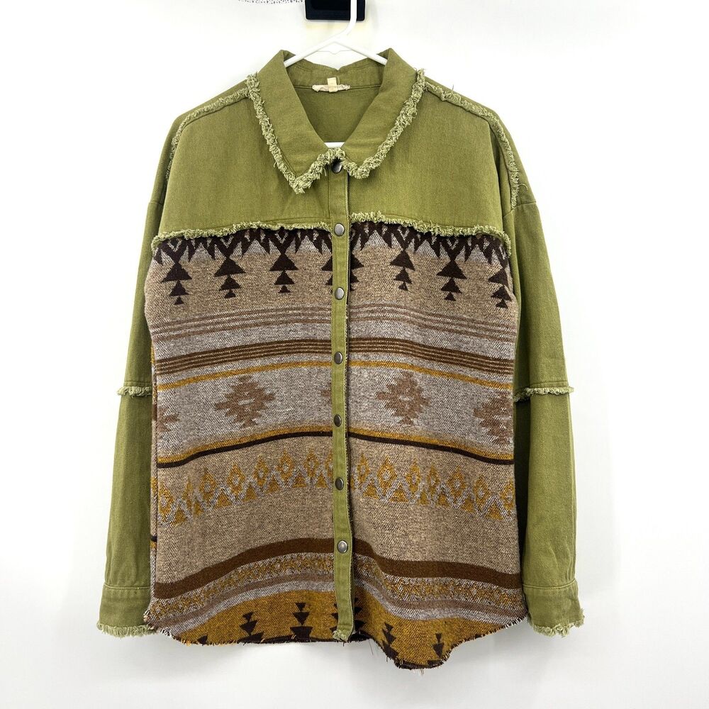 Mystree Aztec Shacket Womens L Olive Green Frayed Snap Boho Southwestern Jacket